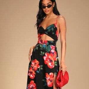 Tropical Blooms Black Floral Print Tie-Back Cutout Maxi Dress Lulus NWT